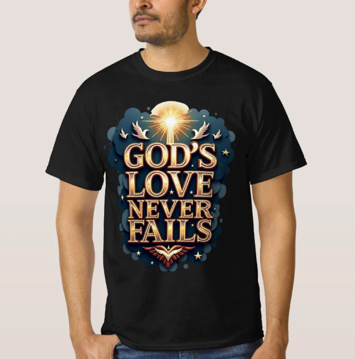 God Love Never Fails Christian T-Shirt - Inspirational faith apparel reminding that God's love is constant and unwavering
